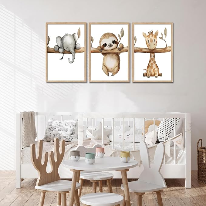 3Pcs Nursery Animal Wall Art Safari Nursery Canvas Poster Prints Jungle Kids Painting Cute Animal Elephant Sloth Giraffe Artwork Picture Wall Decor for Boys Room Girls Room 12x16in Unframed