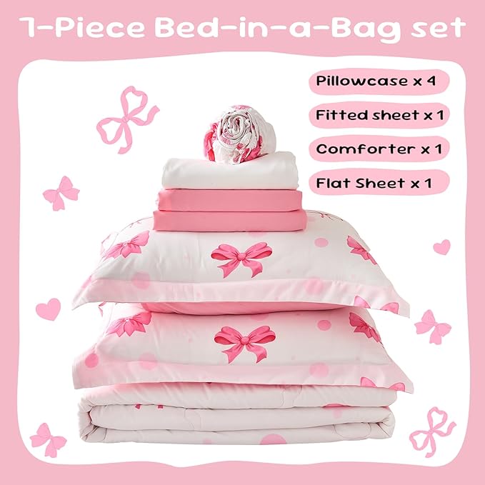Wajade 7 Piece Pink Bow Bedding Set for Girls Kids Full Size Comforter Set with Sheet and 2 Pillowcases 2 Pillow Shams Cute Girls Bed in a Bag as Birthday Choice