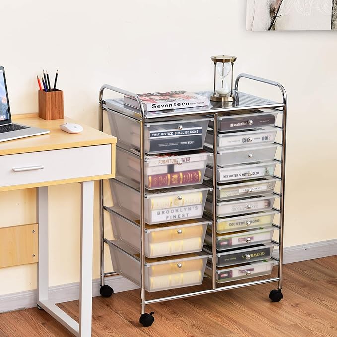 RELAX4LIFE Storage Drawer Carts W/15-Drawer,Rolling Wheels Semi-Transparent Multipurpose Mobile Rolling Utility Cart for School, Office, Home, Beauty Salon Storage Organizer Cart (Clear)