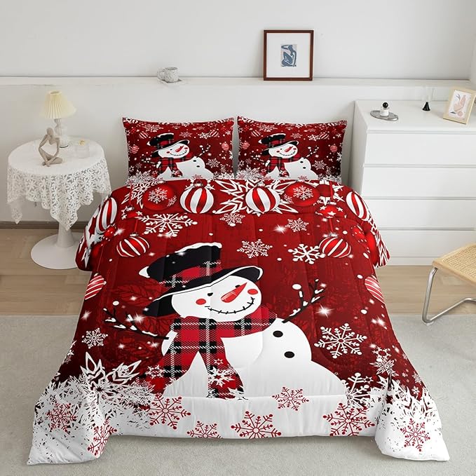 Manfei Snowman Comforter Set Queen Size, Snowflake Balloon Xmas Decor Down Comforter with 2 Pillowcases, Christmas Red Bedding Set 3pcs for Kids Boy Girls Bedroom Decor Lightweight Duvet Insert