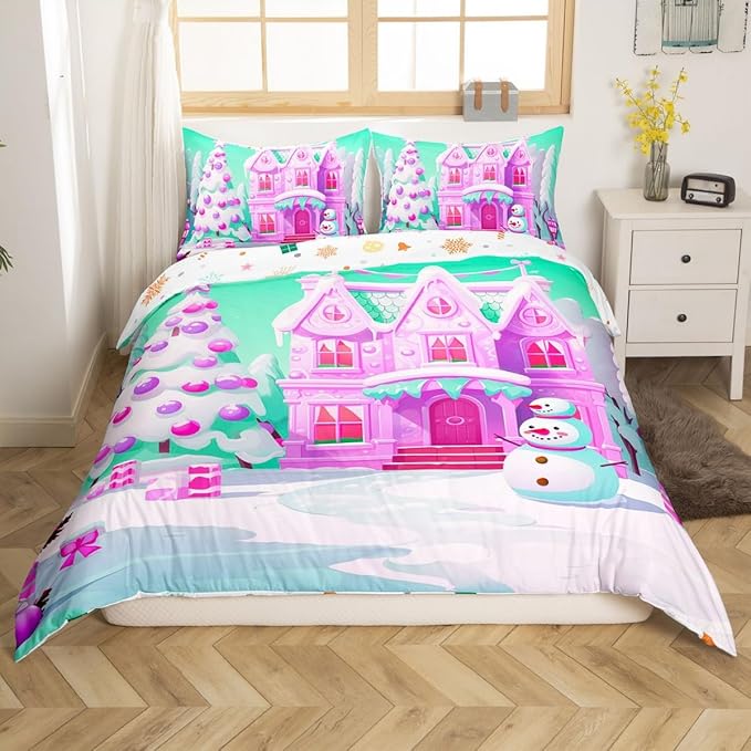 Feelyou Merry Christmas Comforter Cover Set Christmas Tree Snowman Duvet Cover Set for Kids Boys Girls Bedroom Bed Decor Xmas Christmas Purple Bedding Set Queen Size Soft Quilt Cover,No Comforter