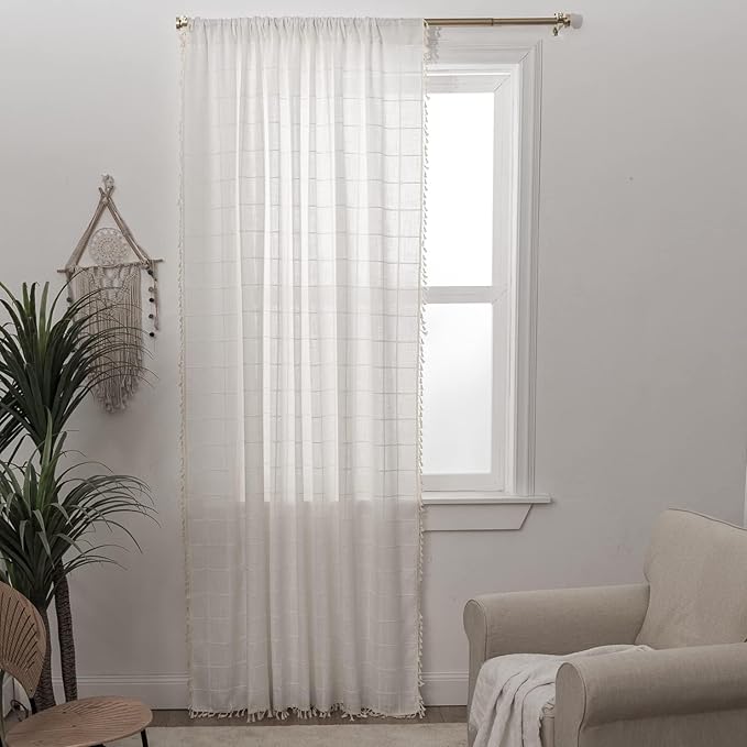 Deeprove Boho Plaid Curtains 72 inch for Home Office Kitchen Nursery, Moroccan Casual Farmhouse Tassels Window Treatment Bohemian Embroidery Drape Rod Pocket 1 Panel 52 W x 72 L, Cream White