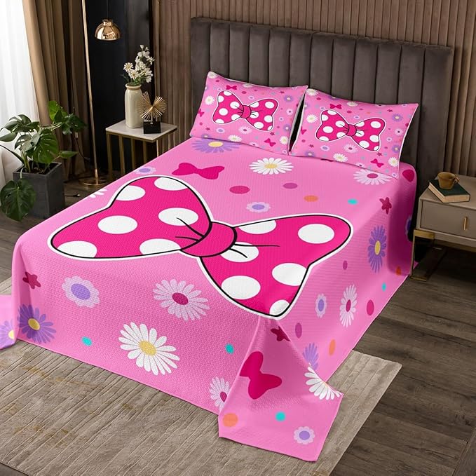 Manfei Pink Bowknot Kids Bedspread Twin Size,Daisy Flowers Geometric Dot Patchwork Coverlet Set,Girls Women Room Decor,Bow Tie Cute Princess Quilted Coverlet,Dreamy Chic Bedding Quilt,1 Pillowcase