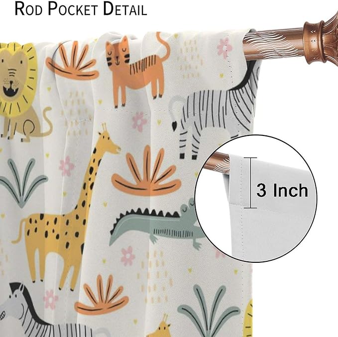 Wild Animals Curtains, Cute Cartoon Animals Zoo with Lion Zebra Crocodile Cat and Giraffe Tropical Jungle Plant Print Window Treatments for Kids Boys Girls Bedroom Living Room 42x63in