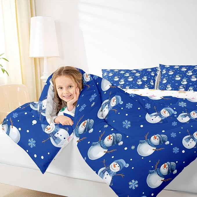 jejeloiu Kids Cute Winter Snowman Comforter Set Full Size Blue Christmas Theme Bedding Set for Boys Girls Teens Xmas Snowflake Happy New Year Duvet Quilt Room Decor
