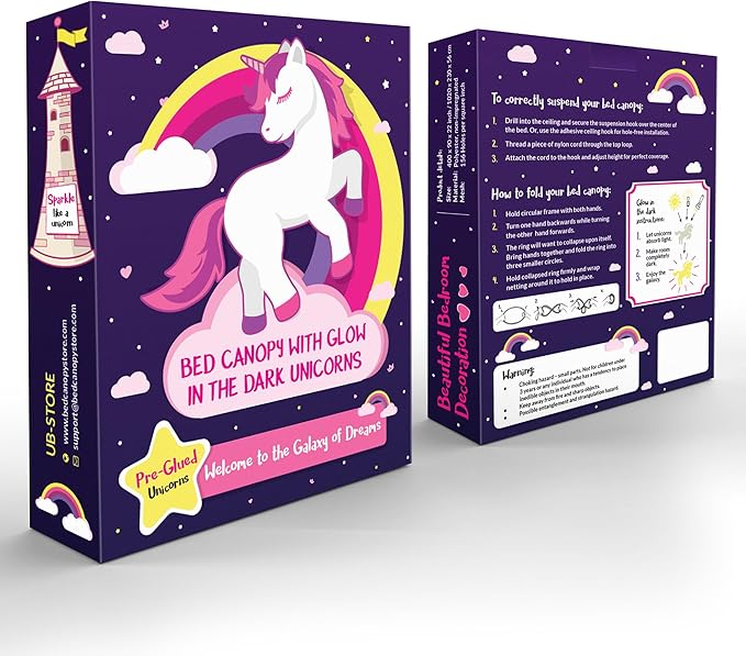 Purple Canopy for Girls Bed with Pre-Glued Glow in The Dark Unicorns - Princess Mosquito Net Room Decor - Kids & Baby Bedroom Tent with Galaxy Lights - 1 Opening Canopy Bed & Hanging Kit Included