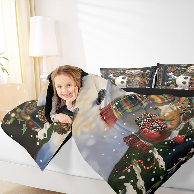 Feelyou Christmas Kids Comforter Set Toddler Size Snowman Squirrel Bedding Set Snowflake Gift Duvet Quilt for Kids Boys Girls Bedroom Branch Berry Decor Microfiber Ultra Soft Breathable