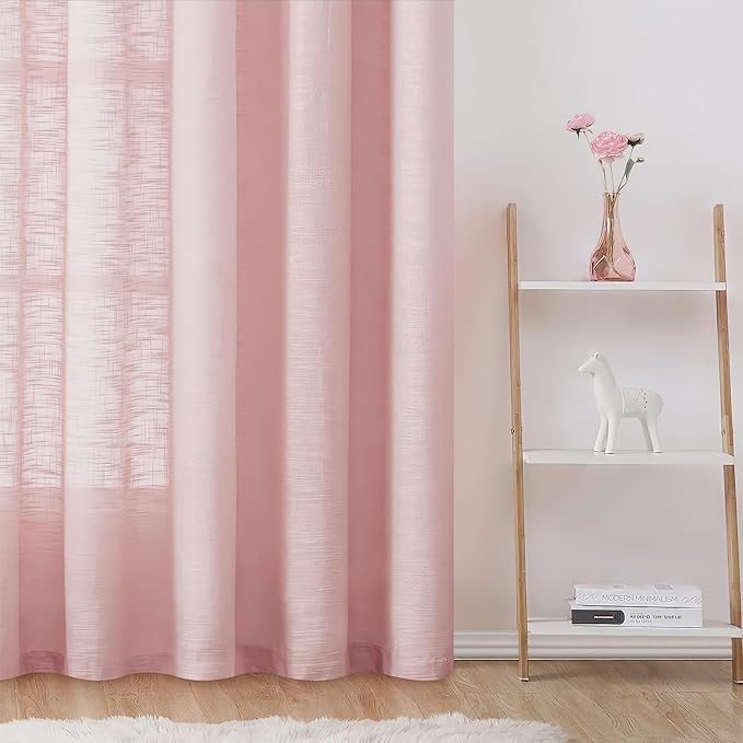 FMFUNCTEX Linen Semi Sheer Curtains for Bedroom, Blush Pink Curtains 96 Inches Long for Living Room, Country Farmhouse Sheer Drapes, Light Filtering Window Curtain, Grommet Top 2 Panels