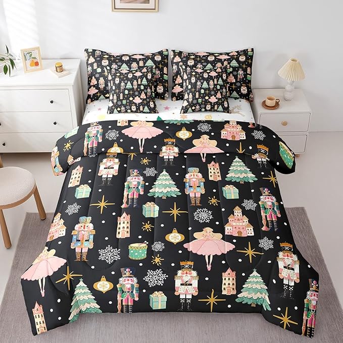 Erosebridal 7Pcs Black Christmas Comforter Set Queen Size,Nutcracker Bedding Set,Xmas Snowflake Stars Bed in A Bag,Romantic Princess Castle Quilt with Flat Fitted Sheet