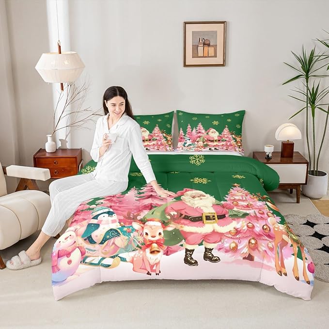 jejeloiu Merry Christmas Comforter Set Queen Size Santa Claus Bedding Set for Kids Boys Girls Cute Deer Duvet Quilt Green Bedroom Decor