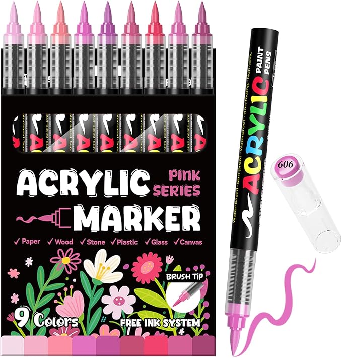 Paint Pens Acrylic Markers - 9 Pink Series Brush Tip Water Based Marker Pens for Rock Painting, Wood, Ceramic, Glass, Acrylic Paint Markers for Egg Pumpkin