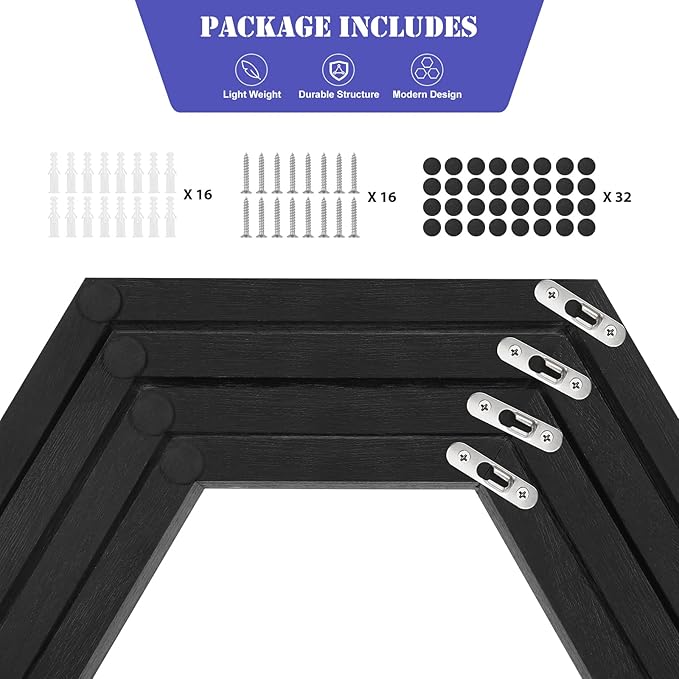 CADUKE Hexagon Shelves for Wall Hexagonal Floating Shelves Set of 8 Honeycomb Wood Shelves for Wall Decor, Hanging Plants Shelf for Living Room Storage Hexagon Racks for Bedroom, Black