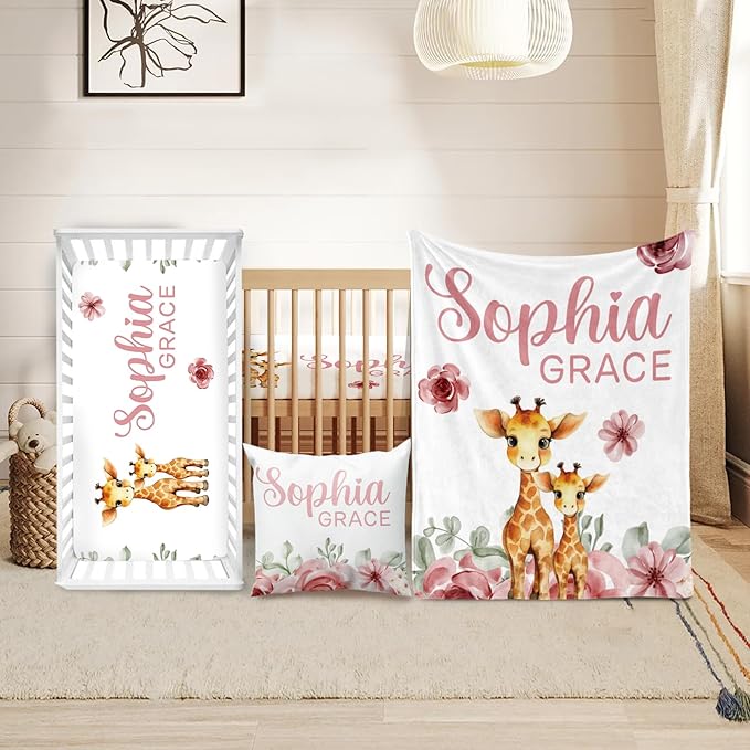 Custom Crib Bedding Set - Giraffe Design Personalized Name Baby Nursery Bedding 3 Pcs Set - Chic Soft Blanket, Sheet, Pillowcase for Newborns Boys Girls Gifts Color08