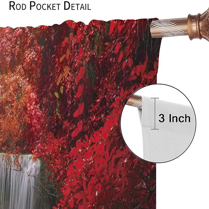 Red Forest Waterfall Blackout Windows Curtains, Tree Landscape Woodland Scenic Nature Fall Scenery Art Printed Curtains, for Living Room Bedroom 42x54in 2 Panels