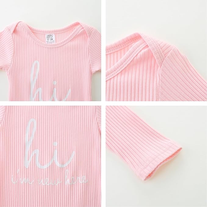 Baby Romper with Baby Mittens & Newborn Hats Footless Long Sleeve Solid Onesie Hi Im New Here