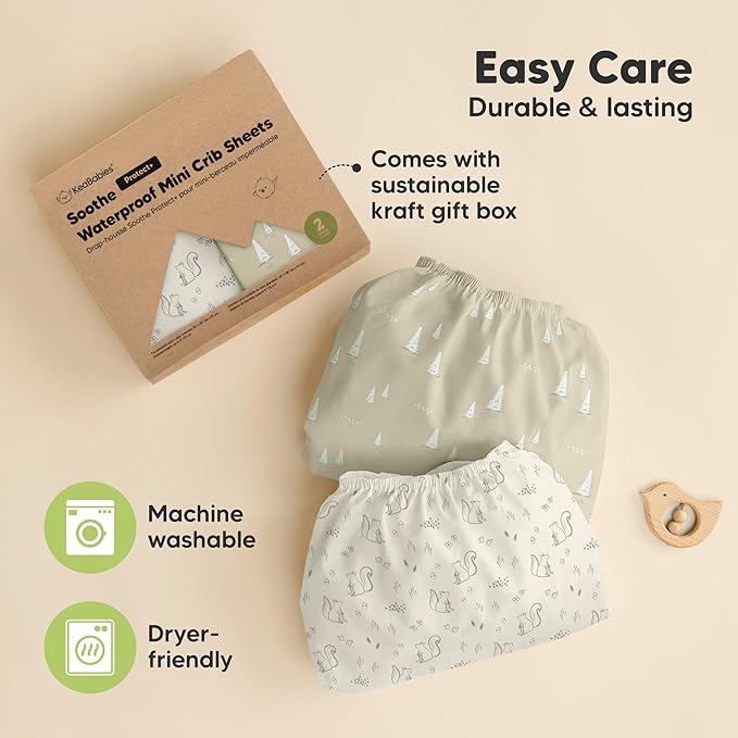 2-Pack Pack and Play Sheets, Waterproof Mini Crib Sheets Fitted - Organic Cotton Pack N Play Sheets for Graco Pack and Play Mattress, Playard Baby Crib Sheets, Neutral for Boy,Girl,Toddler(Pine Grove)