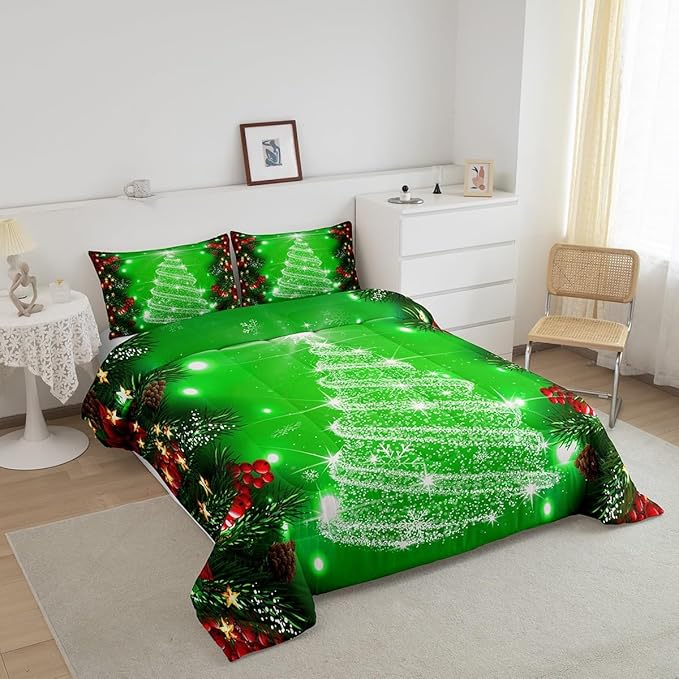 Feelyou Kids Merry Christmas Decorations Comforter Set, Kids Santa Tree Bedding Set Toddler Size for Boys Girls Teens Xmas Christmas Bell Decor Comforter Glitter Green Quilt Set