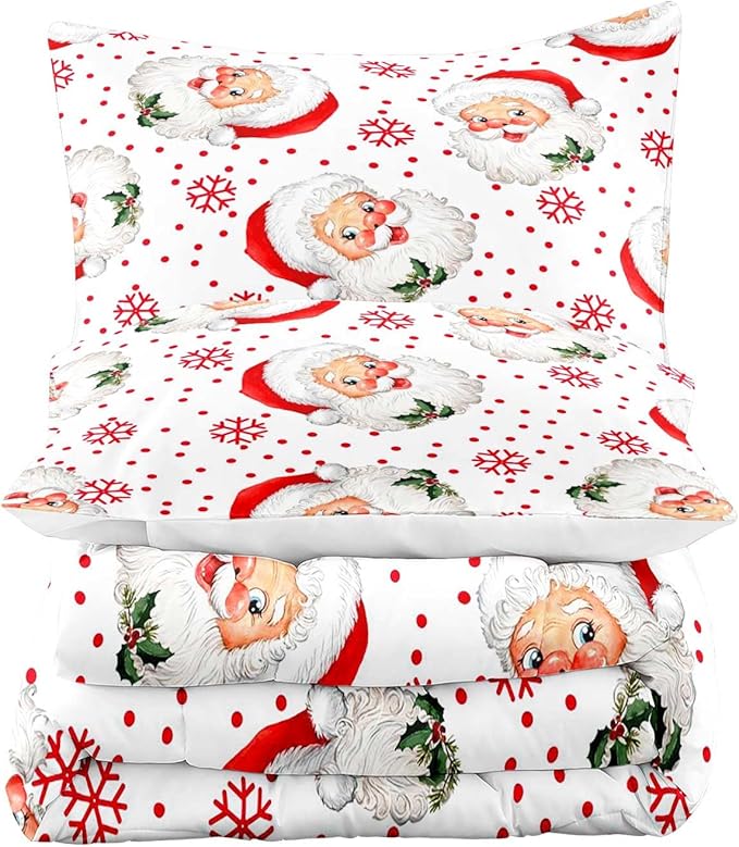 LUVIVIHOME 3PCS Merry Christmas Comforter Set Full Size, Red Snowflake Funny Santa Claus Bedding, Christmas Bedroom Decor, Soft Breathable Microfiber White Quilt, Xmas Gifts, 2 Pillow Shams