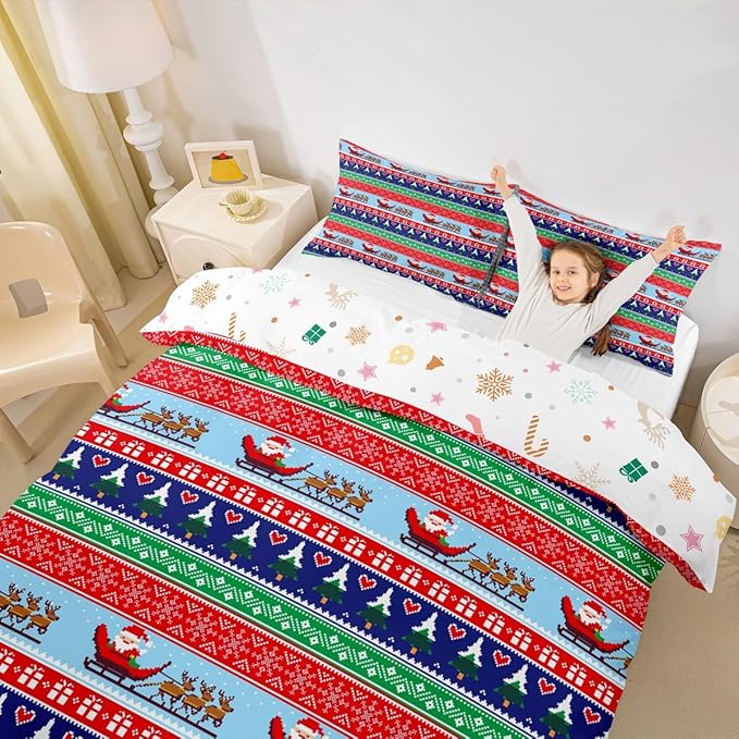 Feelyou Christmas Duvet Cover Cartoon Santa Claus Deer Bedding Set for Kids Boys Girls Teens Room Decor Christmas Tree Comforter Cover Set Exotic Ethnic Pattern Bedspread Cover 3Pcs Zipper Full Size