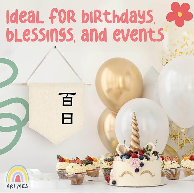 ARI MES - Wall Hanging Canvas Flag Banner for 100 Days Celebration, Korean Dohl Decor, Baby Room Banner, 100th Day Decorations, Cute