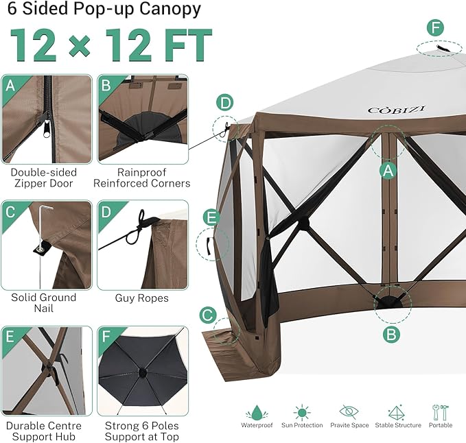 COBIZI 12x12ft Pop up Gazebo Screen Tent Screen House for Camping, Camping Outdoor Screened Gazebo, Canopy Tent,Portable Hub with Carrying Bag and Ground Stakes, BrownUpgraded 2.0