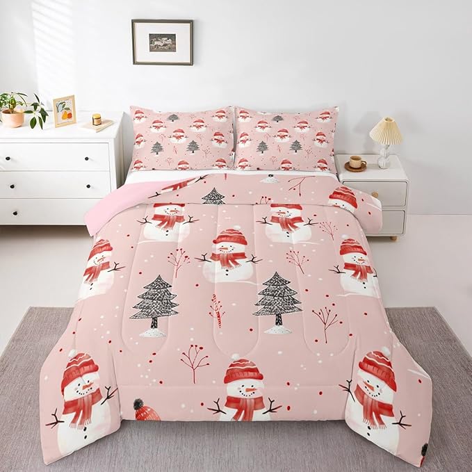 Feelyou Cute Snowman Bedding Set Soft for Boys Girls, Christmas Trees Comforter Set Full Size Xmas Snowflake Duvet Quilt Microfiber Christmas Decor Bedroom Decor Holiday 3 Pcs with 2 Pillow Cases