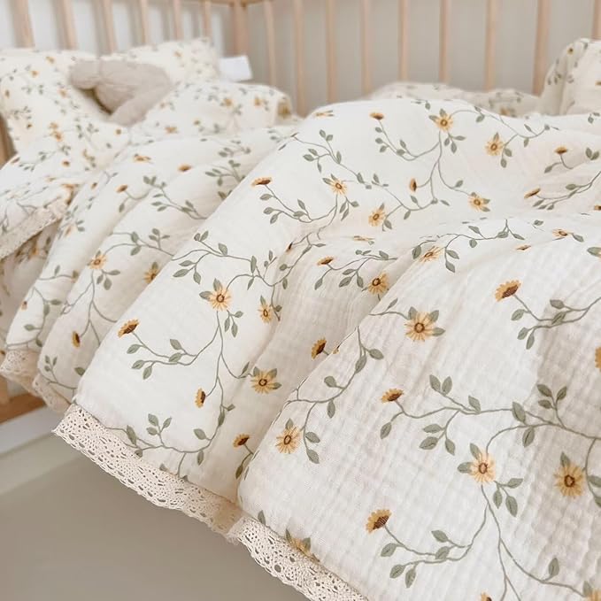 BuLuTu Cotton Muslin Toddler Comforter Shabby Chic Floral Design Twin Bed Blankets for Children Soft Lightweight Girls Boys Quilted Blanket, Wildflower Pattern, 60"x78"