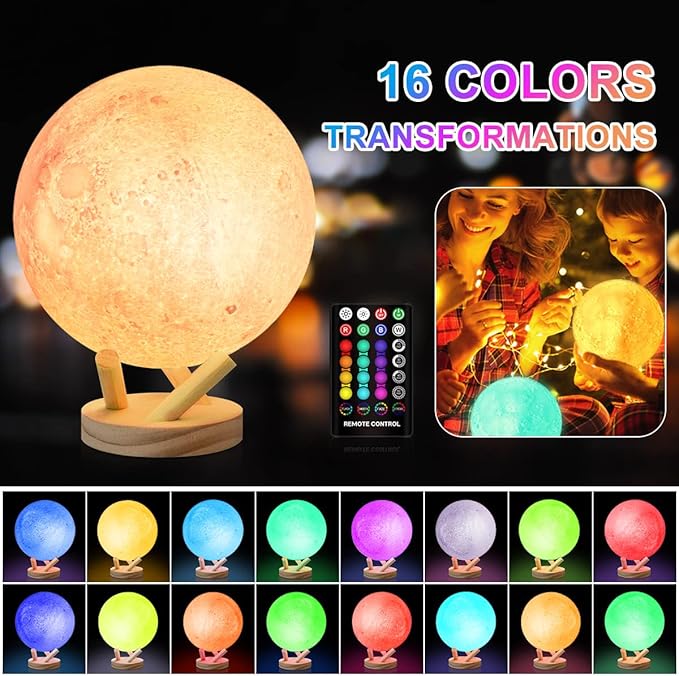 Moon Lamp, 6 Inch Sliding Control Moon Light, Kids Night Light, 16 Colors Moon Night Light with Unique Stand, Timing, USB Rechargeable, Room Decor, Christmas Birthday Gifts for Kid Women Friends Lover