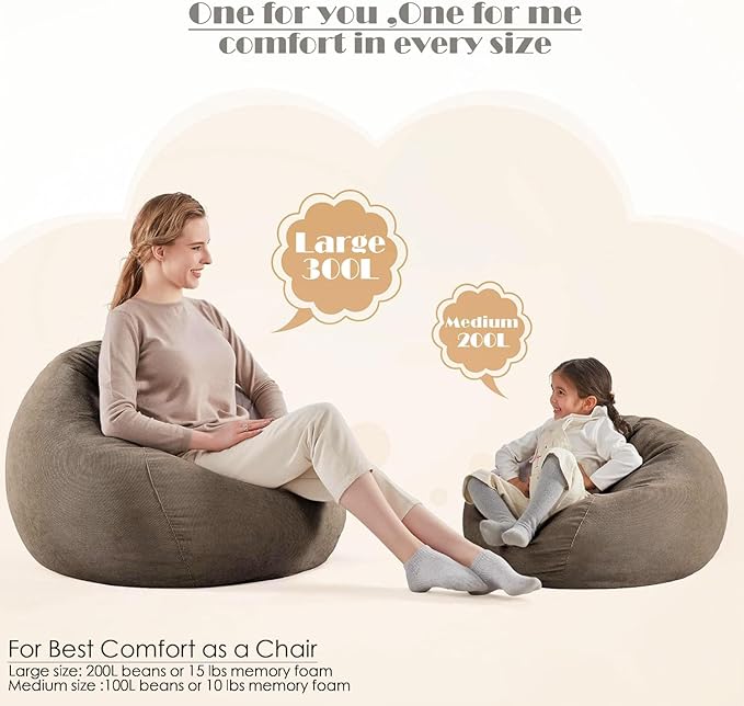 Nobildonna Bean Bag Chair Cover (No Filler) for Kids and Adults,Beanbag Stuffed Animal Storage Without Filling Plush Toys Holder and Organizer Soft Premium Corduroy 200L (Light Brown)