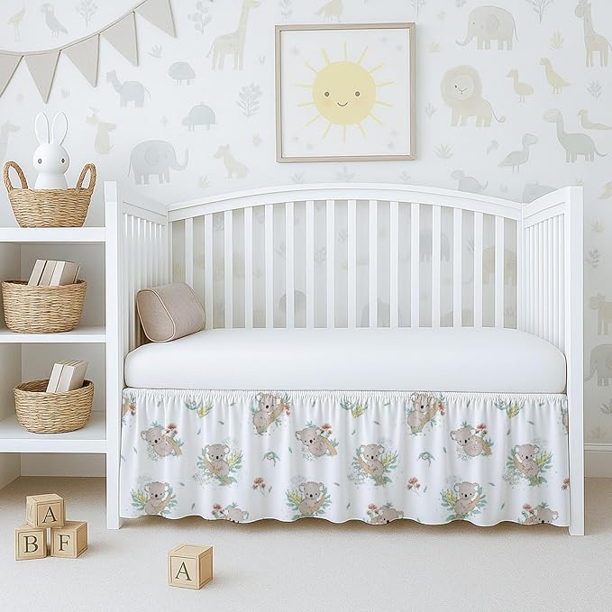 Cottington Lane Crib Skirt Dust Ruffle, 100% Natural Cotton, Soft, Durable Nursery Crib Toddler Bedding Skirt for Baby Girls or Boys, Fits Standard Cribs 28" x 52" with 14" Drop, Koala Cuddles