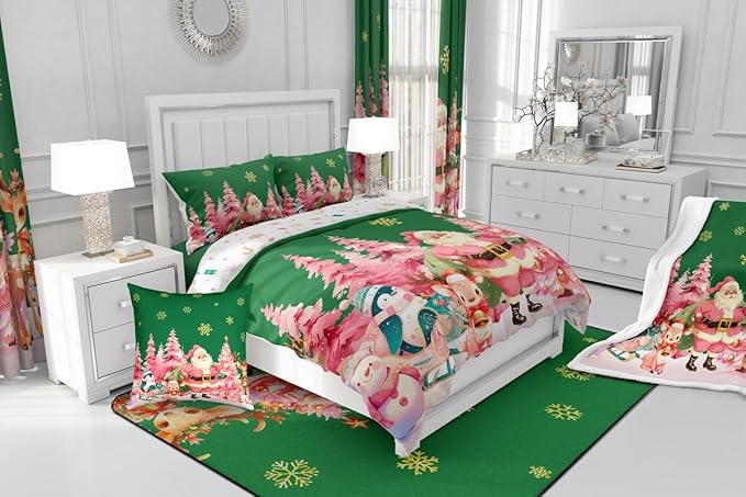 jejeloiu Merry Christmas Comforter Set King Size Santa Claus Bedding Set for Kids Boys Girls Cute Deer Duvet Quilt Green Bedroom Decor