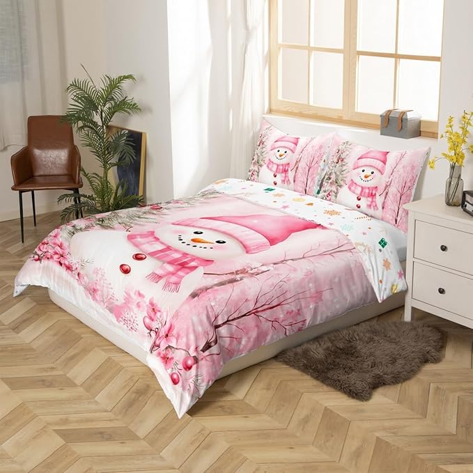 Manfei Christmas Kids Duvet Cover Set Twin Size, Cute Snowman Pink Flower Bedding Set for Boy Girl Room Decor, New Year Xmas Comforter Cover, Lightweight Bedspread Cover, 1 Pillowcase, No Comforter