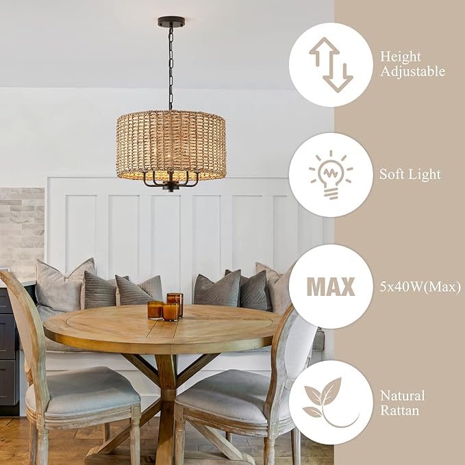 5 Lights Chandeliers 18" Rattan Light Fixture with Drum Woven Shade, Boho Chandelier for Kitchen Island,Entryway,Over Table,Hallway(Ceiling Hanging Mounted Wicker Light Fixture)