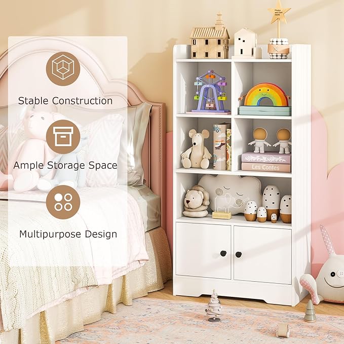 Costzon Kids Toy Storage Cabinet, 47.5" Tall Bookcase w/ 5 Open Compartments & 2 Doors, Multifunctional Display Shelf Home Organizer for Playroom, Nursery, Bedroom, Living Room, Study (White)