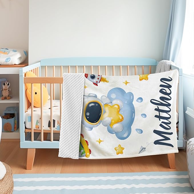 Personalized Baby Blanket with Name, Custom Space Astronaut Theme Blanket for Kids, Soft Flannel Bed Throw Blanket Swaddle for Newborn, Customizable Baby Gift & Nursery Blanket(60" x80)