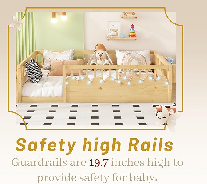 Montessori Floor Bed Full for Kids, Full Size Floor Bed with High Rails & Storage Shelf, Wood Baby Floor Beds with LED Light for Boys & Girls, Natural