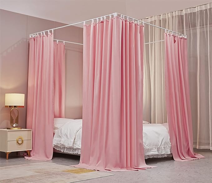 VETHIN Elastic Roof Style Four Corner Post Princess Bed Canopy Curtains Cozy Breathable Tent Canopy Mosquito Net for Girls & Adults Bedroom Decoration (Pink, 59-64" W*82" L*82"*H/(Queen))