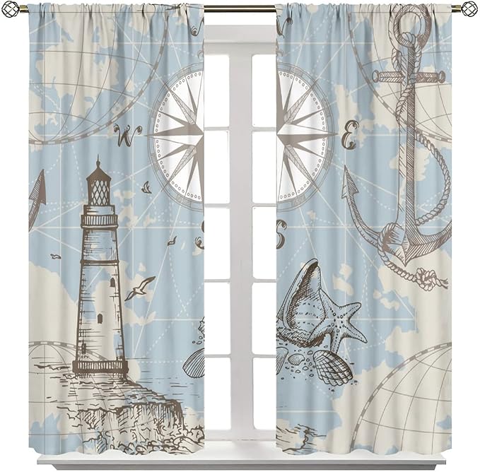 Nautical Theme Window Curtains,Pirate Sailboat Curtains for Bedroom,Conch Starfish Print Draperies for Living Room,Ocean Window Treatment Curtains Set 2 Panels,63x72 Inches