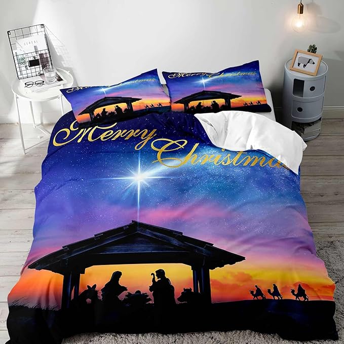LUVIVIHOME 3PCS Christmas Duvet Cover Full Bedding Set, Purple Blue Galaxy Sunset Manger Nativity Scene O Holy Night Winter Holiday Xmas Christmas Comforter Quilt Cover, Bed in a Bag, 2 Pillow Shams
