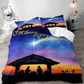 LUVIVIHOME 3PCS Christmas Duvet Cover Queen Bedding Sets, Purple Blue Galaxy Sunset Manger Nativity Scene O Holy Night Winter Holiday Xmas Christmas Comforter Quilt Cover, Bed in a Bag, 2 Pillow Shams