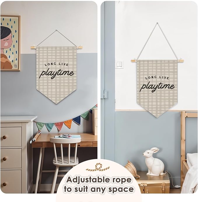 Wheatwin Playroom Decor, Long Live Playtime Neutral Checkered Wall Hanging Pennant Flag Banner, Play Room Wall Decor for Kids Nursery Toddler Room Bedroom Playroom 15x11 Inch