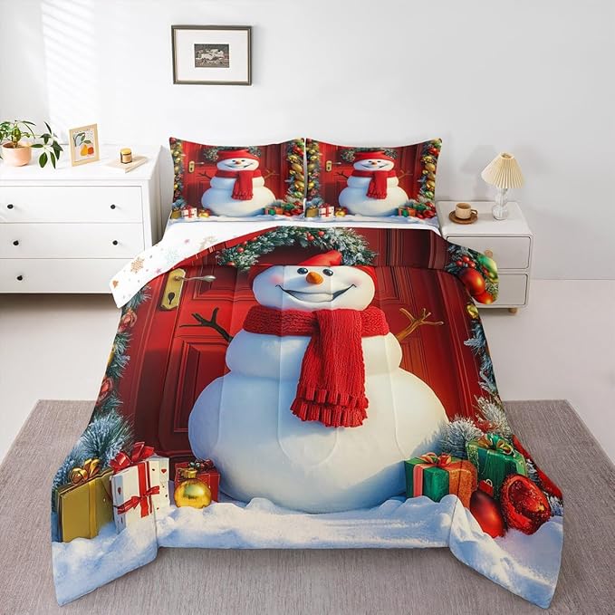 Feelyou Merry Christmas Kids Comforter Set Toddler Size Cute Snowman Bedding Set Duvet Quilt for Kids Boys Girls Bedroom Snowflake Decor Microfiber Ultra Soft Breathable