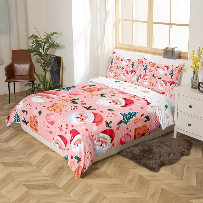 Feelyou Christmas Bedding Set Pink Gingerbread Man Duvet Cover Set for Kids Boys Girls Cookies Comforter Cover Christmas Tree Quilt Cover Bedroom Collection 2Pcs Toddler Size,No Comforter