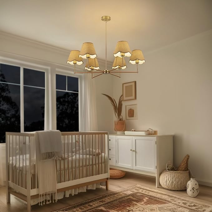 33.5in Farmhouse Rattan Chandelier Gold Large Pendant Light Fixture with Wicker Lampshade Boho Chandeliers for Living Room Dining Room Bedroom Entryway Kitchen Island