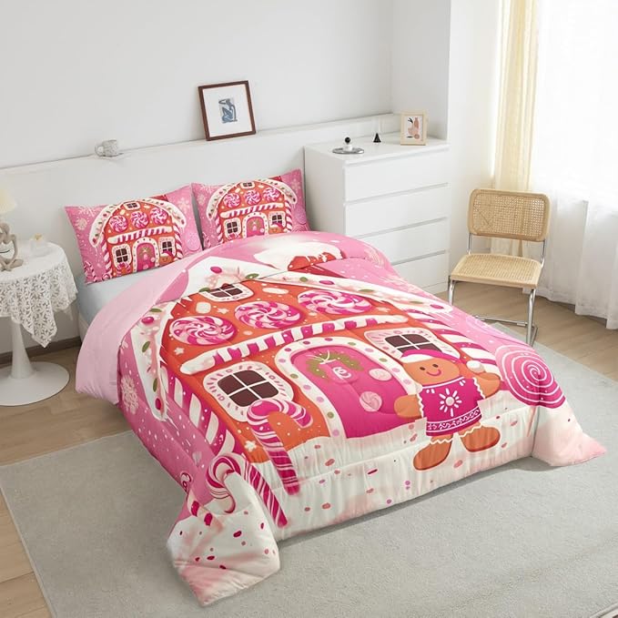 jejeloiu Kids Christmas Theme Comforter Set King Size Xmas Gingerbread Man Candy Cane House Bedding Set for Boys Girls Teens Hot Pink Winter Happy New Year Duvet Quilt Room Decor
