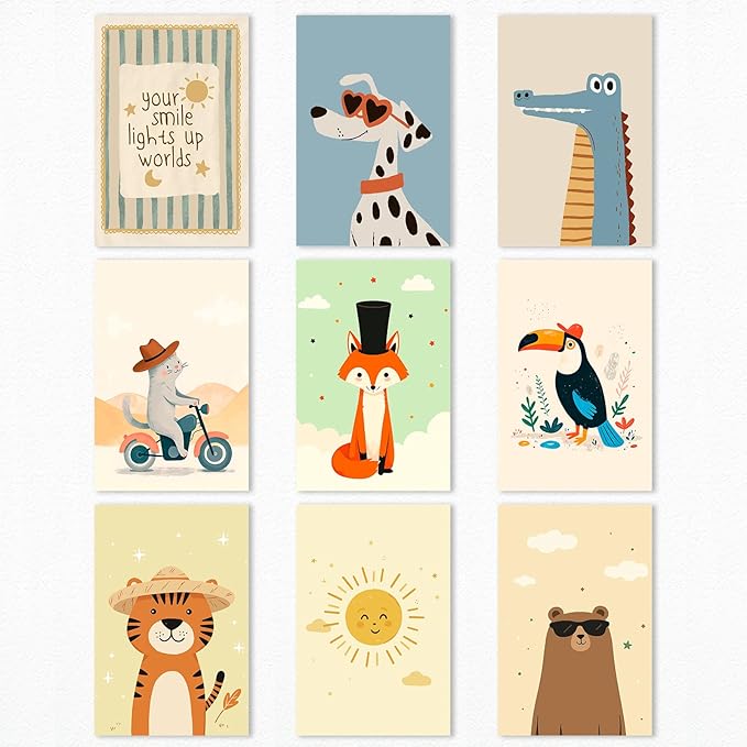 9 Pieces Nursery Animals Canvas Wall Art, Kids Room Fashion Sunglasses Dog and Bear Poster, Cute Crocodile Fox Cat and Lion Picture, Warming Sunshine Print for Baby Bedroom Playroom 12x16in Unframed
