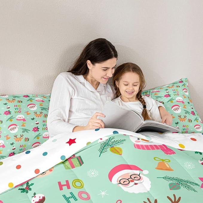 Feelyou Christmas Decor Bedding Set Soft for Boys Girls, Happy New Year Comforter Set Full Size Santa Claus Duvet Quilt Microfiber Bedroom Decor 3 Pcs with 2 Pillow Cases