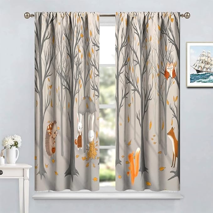Kids Woodland Animal Window Curtains, Autumn Forest Hedgehog Rabbits Squirrel Fox Birds Blackout Rod Pocket Window Treatments Drapes for Boys Girls Bedroom 84x84in
