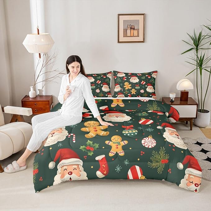 Feelyou Christmas Bedding Set Soft for Boys Girls, Santa Xmas Tree Comforter Set King Size Gingerbread Man Duvet Quilt Microfiber Snowflake Stockings Bedroom Decor 3 Pcs with 2 Pillow Cases