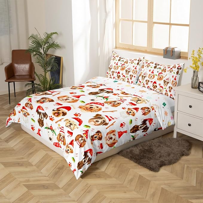 Christmas Kids Bedding Set Cartoon Puppy Dogs Xmas Theme Bedding Duvet Cover Set for Boys Girls New Year Decor Comforter Cover Set Animal Pattern Bedspread Cover Bedroom Quilt Cover 3Pcs Full Size